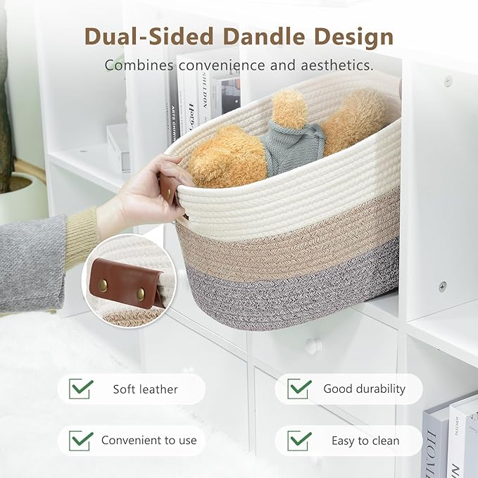 Cotton Rope Basket, Storage Baskets with Handle, 15x10x9 Inch Woven Basket for Shelves, Laundry, Towels, Clothes, Books (Gradient Brown 3 Pack)