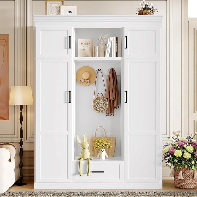 85.2''H Hall Tree with Bench and 3 Hooks, Modern Large Hall Tree with 5 Drawers and Adjustable Shelves, Entryway Storage Organizer Cabinet with 4 Doors for Hallway, Living Room (White/509)