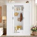 85.2''H Hall Tree with Bench and 3 Hooks, Modern Large Hall Tree with 5 Drawers and Adjustable Shelves, Entryway Storage Organizer Cabinet with 4 Doors for Hallway, Living Room (White/509)