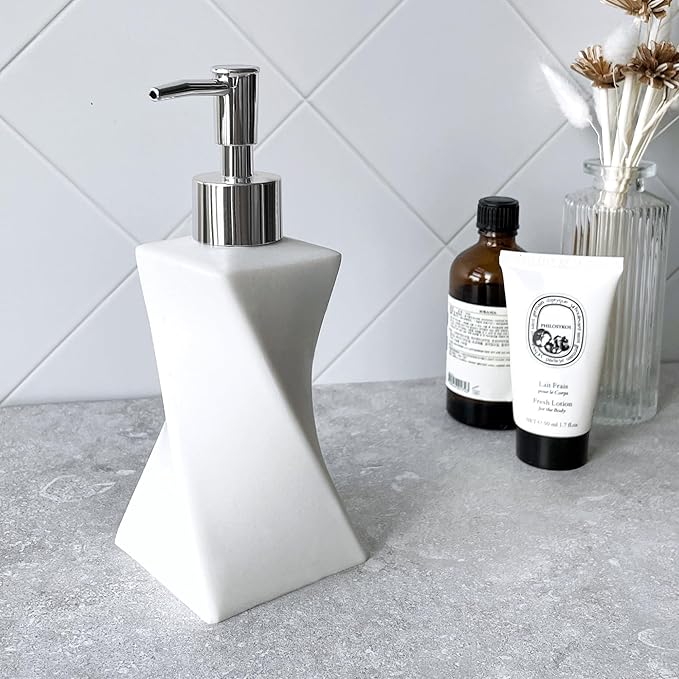 Modern White Hand Soap Dispenser with Silver Pump for Bathroom Countertop, Dish Soap Dispenser for Kitchen Sink, Contemporary Art Style, Matte Finish, 8.5oz (Arctic White)