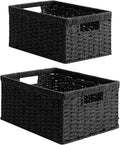 StorageWorks Wicker Storage Baskets for Organizing, Wicker Basket with Handles, Decorative Storage Baskets for Shelves, Black Paper Rope, 2 Pack