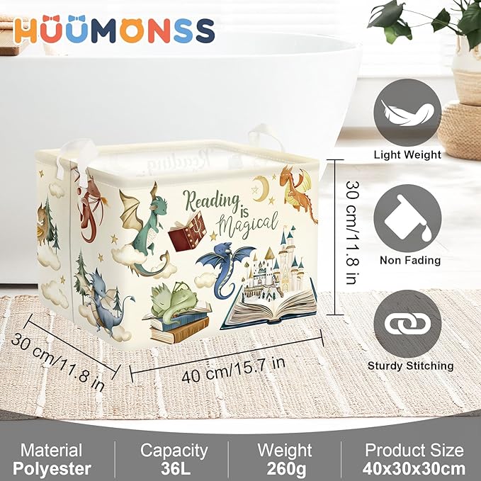 Dinosaur Laundry Hamper Large Storage Basket Cartoon Dino Collapsible Parents Organizer Kids Toy Clothes Bins for Bedroom, Bathroom, Magic Books, 36L