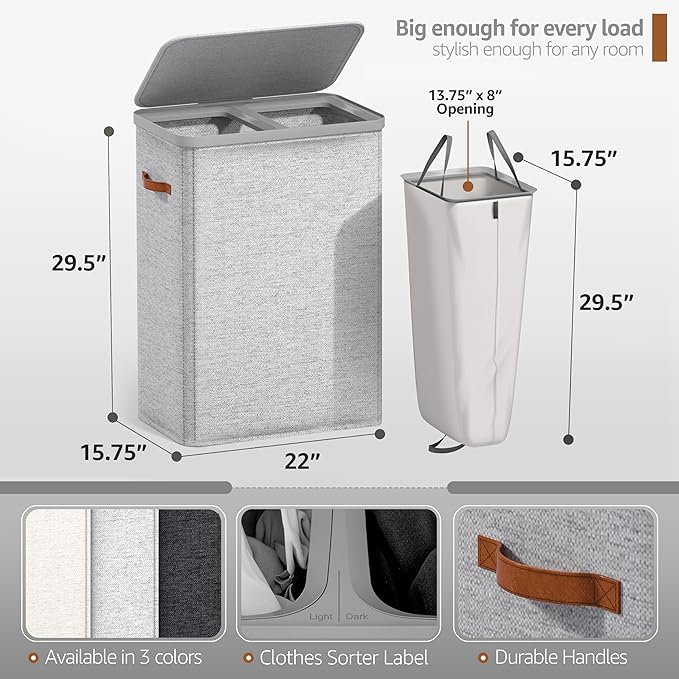 Sorbus Laundry Hamper with Lid - Collapsible 2-Compartment Fabric Laundry Basket with Handles and Removable Laundry Bag – 45 Gallon (170 L) Dirty Clothes Hamper for Bedroom, bathroom and dorm (Gray)