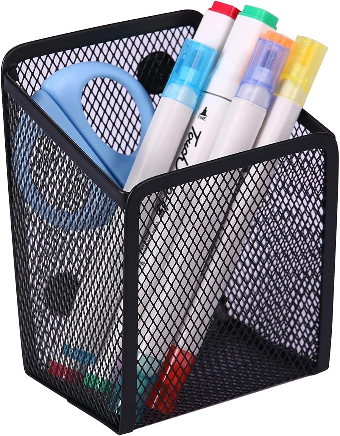 Large Magnetic Pen Holder, Magnetic Basket 4 Strong Magnet Pencil Holders Locker Accessories for Refrigerator Whiteboard Black(3.7x2.7x5 In)