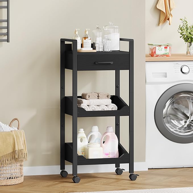Hoctieon 3-Tier Rolling Storage Cart with Drawer, Rolling Utility Cart Organizer, Mobile Shelving Unit with Wheels, Metal Frame, Kitchen Utility Cart for Small Space, Office, Bathroom, Black