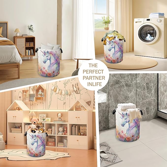 Watercolor Unicorn Laundry Hamper,Girls Colorful Flower Clothes Hamper for Laundry,Waterproof Oxford Toy Storage Collapsible Hampers for Bedroom, Dorm Room,Bathroom,16x20 Inch