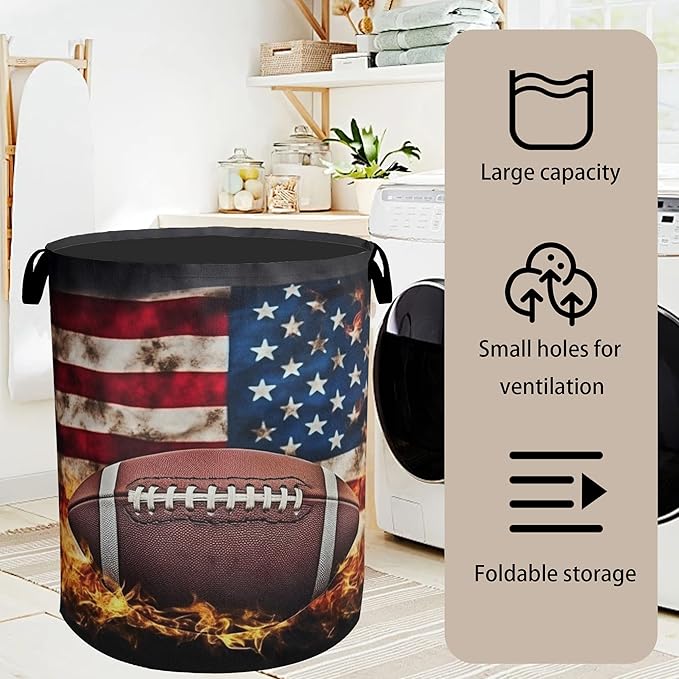 Football Large Clothes Hamper Bag - Laundry Basket with Handles, Space Saving Foldable Design for Nursery