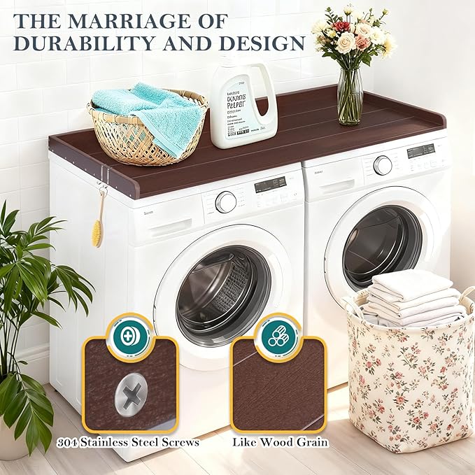HDPE Washer Dryer Countertop, 54" x 27" Laundry Countertop with 2 Hooks & Non-Slip Pads, Washer and Dryer Topper for Laundry Room Organization, No-Installation(Brown)