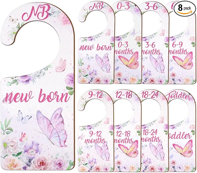 Baby Closet Dividers 8PCS, Butterfly/Floral Theme Wooden Double-Sided Clothes Size Hanger Organizer from Newborn to Toddler for Nursery Decor Baby Shower Birthday Gift