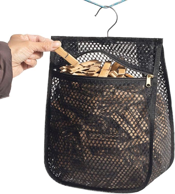 Mesh Clothespin Bag for Clothesline Outdoor, Clothes pin Bag with Zipper Closure, Large Opening, Large-Capacity Clothespin Storage Organizer with Hooks, Use YKK Zipper