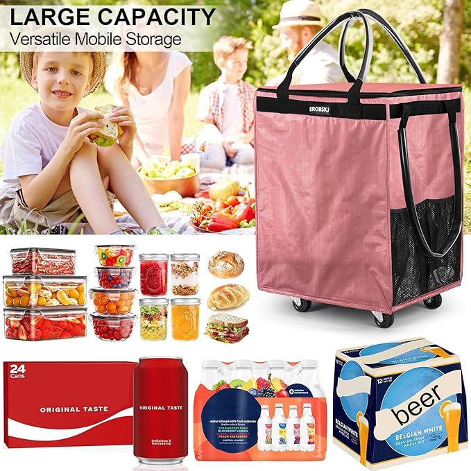 (Medium,Pink) Reusable Grocery Bag on Wheels, 70L Foldable Rolling Tote, Carries Up to 66 lbs Shopping Trolley, Zipper Clouser Shopping Carts for Trips, Laundry, 4 Heavy Duty Wheels and 3 Handles