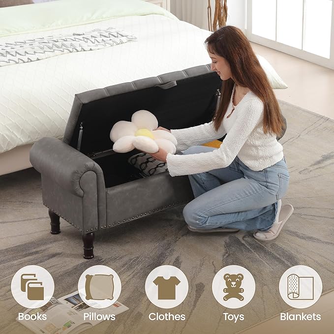 YOUDENOVA Storage Ottoman Bench, 51" Large Ottoman Foot Rest with Rolled Arms, Upholstered Storage Chest with Vintage Rivets for Living Room, Bedroom, Entryway, Gray