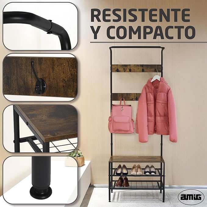 Amig - Lukïen Standing Coat Rack with Shoe Rack - Industrial Style Bench - 183 x 66 x 32.5 cm - Metal and Wood - Black and Brown - Donkey for Hallway or Entrance Rustic Style