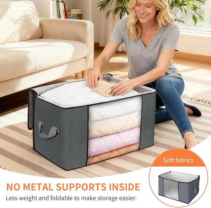 60L Extra Large Clothes Storage Bags, 6 Pack Blanket & Clothing Storage Bins, Foldable Closet Organizers with Clear Window and Reinforced Handles for Clothing, Blankets, Bed Sheets and Pillows