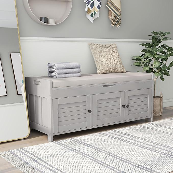SOFTSEA Storage Bench with 3 Shutter-Shaped Doors, Entryway Shoe Bench with Removable Cushion and Hidden Storage, Wooden Storage Ottoman for Entryway, Living Room, Bedroom, Grey