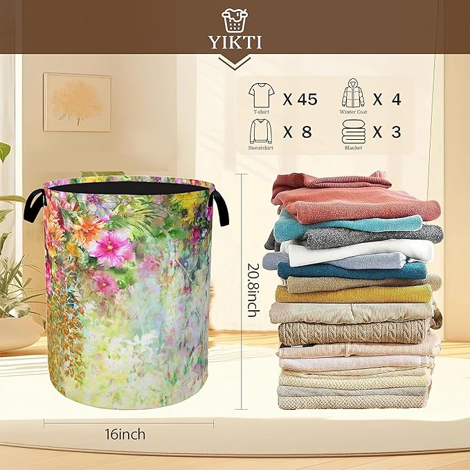 Laundry Hamper,Spring Flowers Laundry Basket,Colorful Floral Portable Collapsible Laundry Room Organization Storage for Dorm Room,Nursery,Bathroom,Bedroom,16x20 Inch