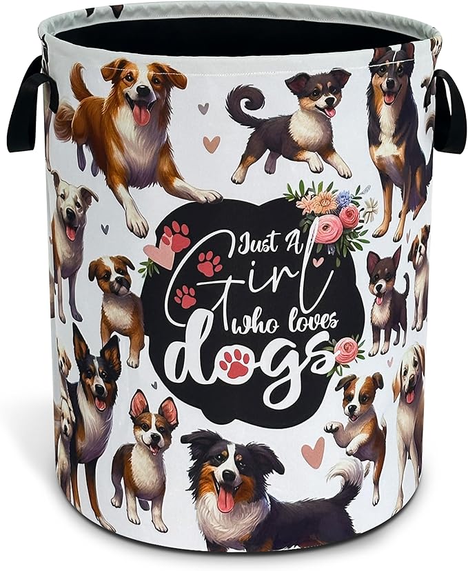 Dog Laundry Basket Puppy Lovers Foldable Waterproof Oxford Cloth Funny Tote Bag Laundry Hamper Clothes Storage Bucket Toy Organizer For Bathroom/Laundry Storage/Bedroom 18.9x16.5 Inch