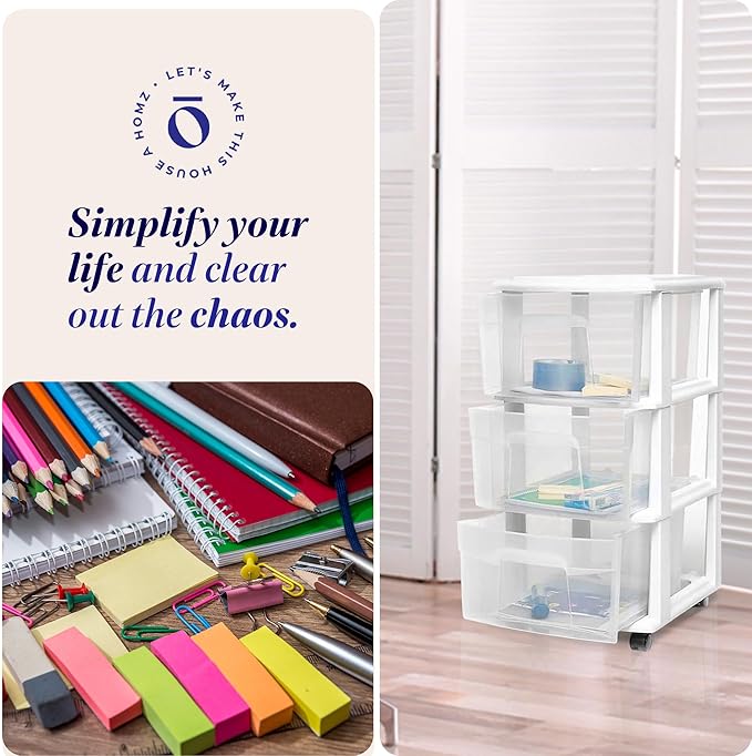 HOMZ Drawer Tower, 3-Tier Rolling Storage Cart with Removable Wheels, White Frame – Plastic Organizer with Clear Bin Drawers for Bedroom, Bathroom, Home Office, and Dorm Room