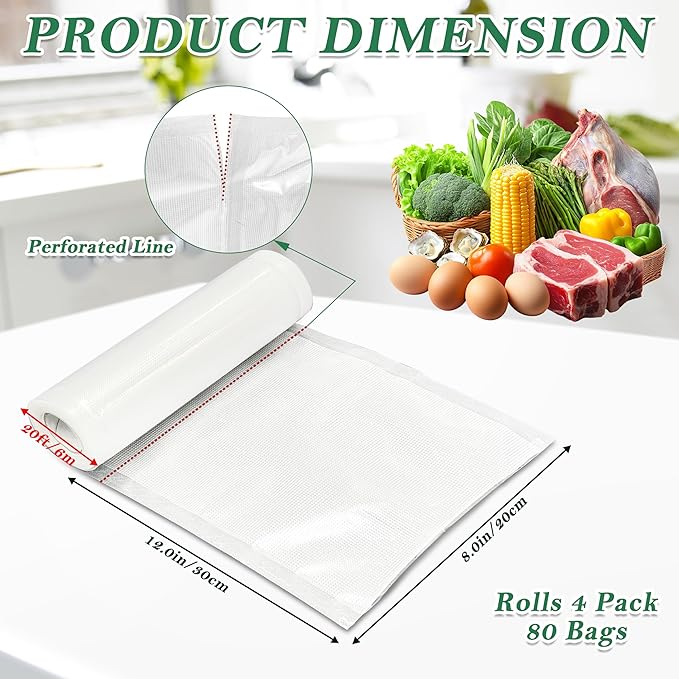 Pre-Cut Perforated Vacuum Sealer Bags Rolls,Heavy-Duty Vacuum Sealer Roll Bags 8x12 Inch 4 Rolls 80 Tear Off Bags,Easy-Tear Food Grade Storage Bags for Sous Vide, Freezer & Meat (BPA Free)