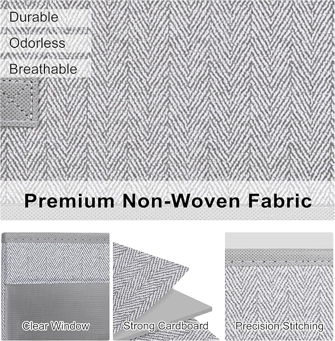 WUIKE Closet Storage Bins, Medium Storage Boxes with Clear Window, Fabric Storage Baskets for Organizing Clothes, Sheets, Blankets, Decorative Storage Bins, Herringbone Gray
