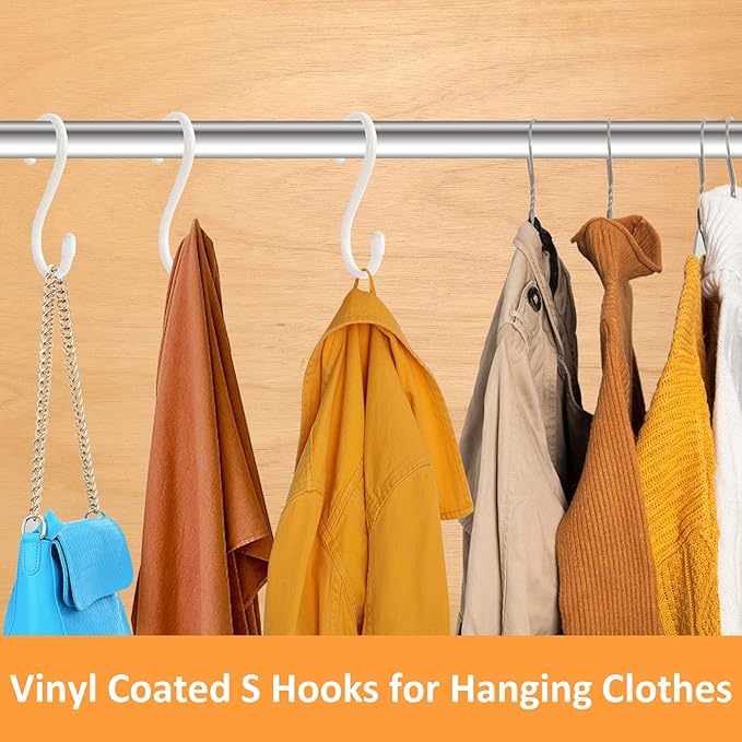 HiGift 12 Pack 5 Inch White S Hooks: Heavy Duty Steel, Rubber Coated, Non Slip, Rust Resistant, Hanging Hooks for Plants, Clothes, Kitchen, Garden, Office