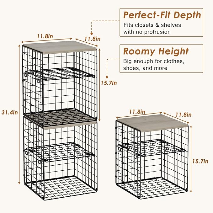 4-Tier Stackable Closet Organizers and Storage, Closet Shelves with Adjustable Dividers & Wood Top Extra Storage, Clothes Storage Basket Bins for Wardrobe, Closet Organizer System, Black