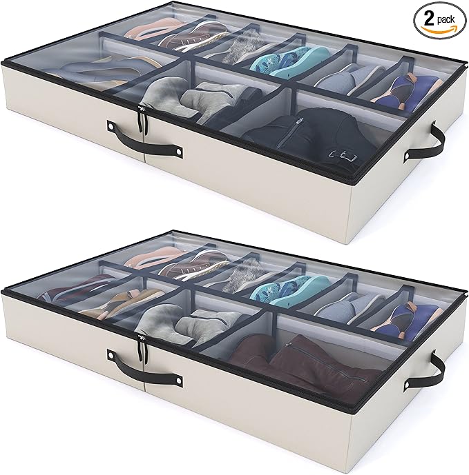 Woffit Under Bed Shoe Storage Organizer - Set of 2 Large Containers, Each Fits 12 Pairs of Shoes - Sturdy Box w/Adjustable Dividers - Underbed Shoe Storage for Kids & Adults, Beige