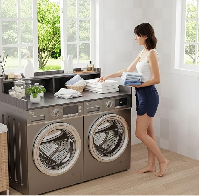 OfficeSimpli Large Washer Dryer Countertop with Shelf - 30 x 58 Inch - Made in USA Laundry Countertop Over Washer and Dryer with Non-Slip Pads, Storage Shelf, Laundry Topper Organizer, Iconic Maple