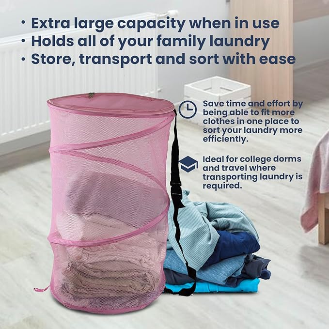 Collapsible Wire Mesh Laundry Hamper, Lightweight, Durable, Portable, Pink