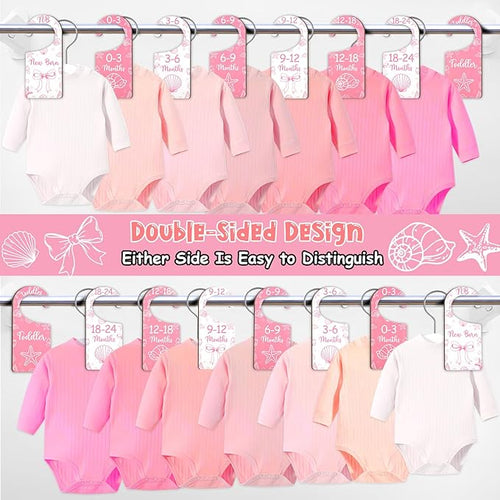 Baby Closet Dividers 8PCS, Pink Shell & Bows Themed Wooden Double-Sided Clothes Size Hanger/Organizer from Newborn to Toddler for Nursery Decor Baby Shower Birthday Party Gift