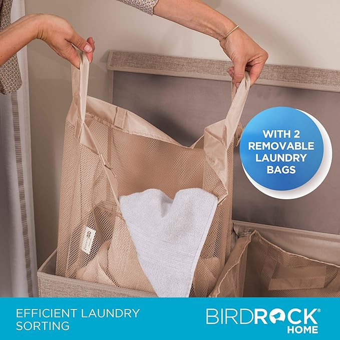BIRDROCK HOME Double Laundry Hamper with Lid and Removable Liners | Linen | Easily Transport Laundry | Foldable Hamper | Cut Out Handles