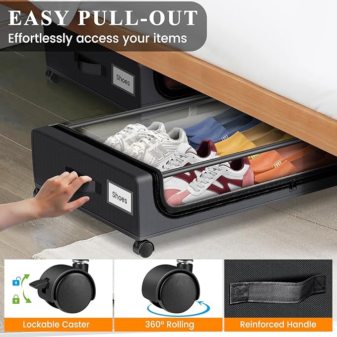 Jill Deaaa® Under Bed Storage with Wheels, 2Pack Under Bed Storage Containers with Clear Lids, XXL 60L Under Bed Shoe Storage Organizer,Dorm Bedroom Rolling Underbed Storage for Clothes, Toys, Blanket