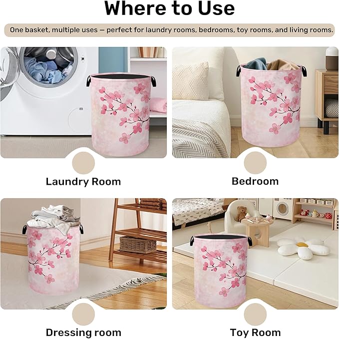 Pink Cherry Blossoms Laundry Basket - Extra Large Foldable Laundry Hamper for Bathroom/Laundry/Bedroom/Dorm, Washable Fabric Storage Bin with Handles