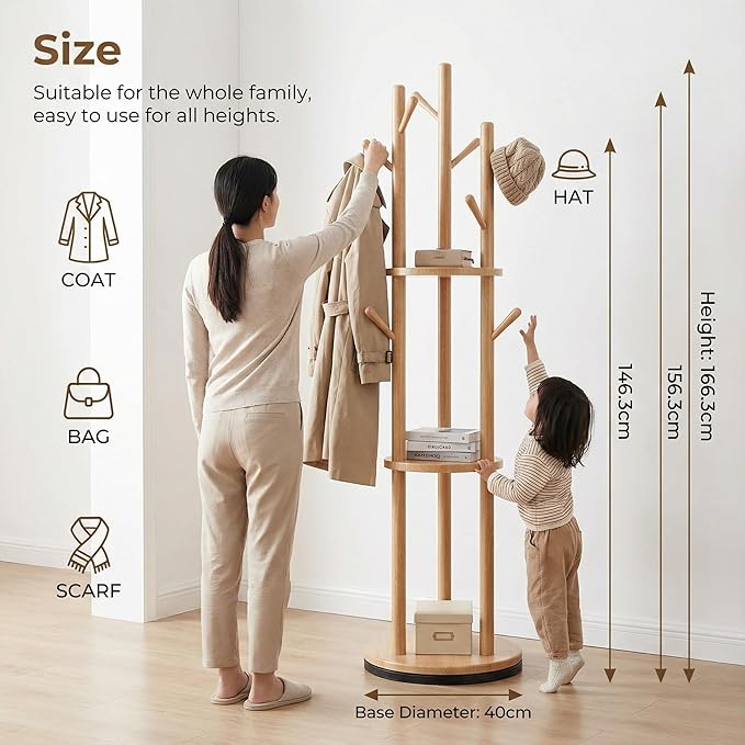 Rotating Solid Wood Coat Rack with 3 Storage Shelves, 360° Swivel Freestanding Entryway Coat Stand,Modern Space-Saving Organizer,Natural Wood