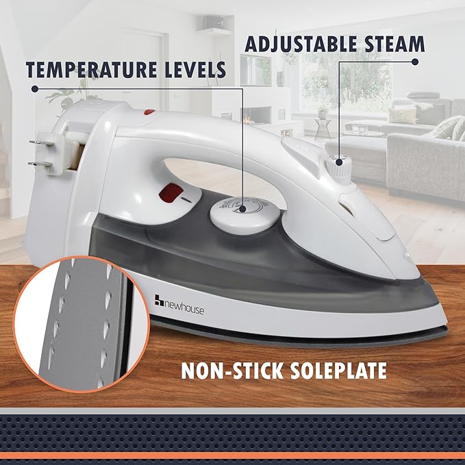 Newhouse 120V 1200-Watt Retractable Cord Steam and Spray Iron NHIR-001-R, Retractable Cord, Self-Cleaning, ETL Certified Home Essential