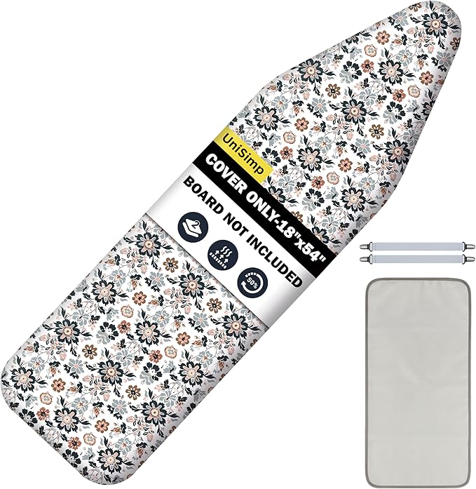 Ironing Board Cover and Pad 18"x54" Extra Thick Natural Cotton,Scorch and Stain Resistant Iron Board Cover,Extra Large Iron Board Cover with Fasteners Heavy Duty Heatproof Elastic Edge Floral
