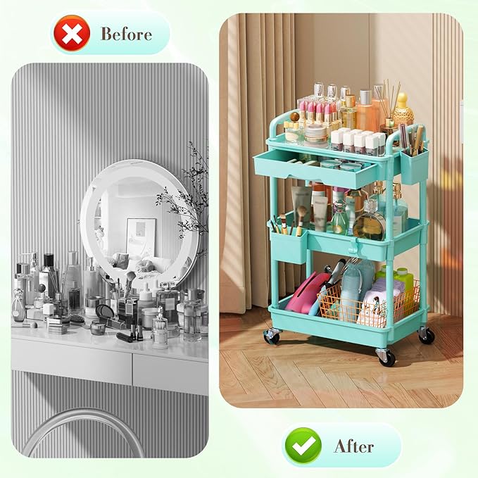 Makeup Cart Organizer with Drawers, Floor Skincare Organizers Vanity Storage Organizer, Rolling Makeup Bathroom Storage Cart Cosmetics Display Cases for Skin Care Perfume Nail Polish, Blue