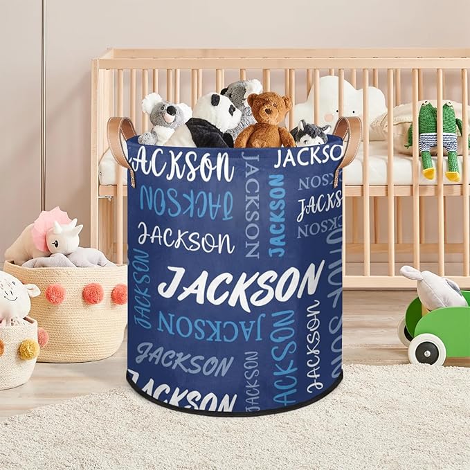 Custom Name Large Laundry-Basket for Kids-Boys-Girls, Personalized Foldable Waterproof Laundry Hamper Dirty Clothes Toys Storage Bin with Handles,Blue