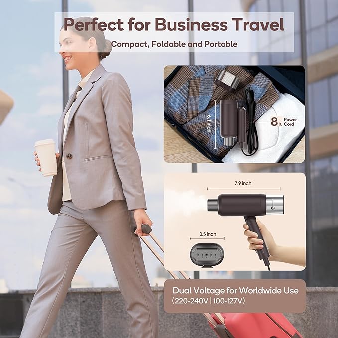 Newbealer Professional Business Travel Steamer, 1200W High-Power Dual Voltage (100-240V), Fast 20s Heat Up for Clothes Horizontal Vertical Steaming, Foldable & Solid 1.72 lbs, 180ml (Brown)