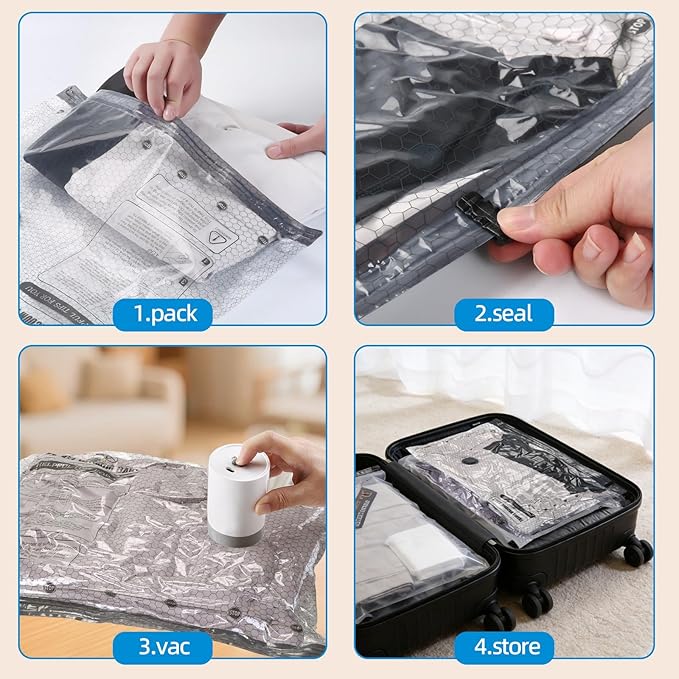 Vacuum Bags For Travel With Rechargeable Air Pump, 15 Pack Compression Packing Bags for Luggage, Carry-On Size Space Saver Bags for Clothes, Jumbo Vacuum Storage Bags
