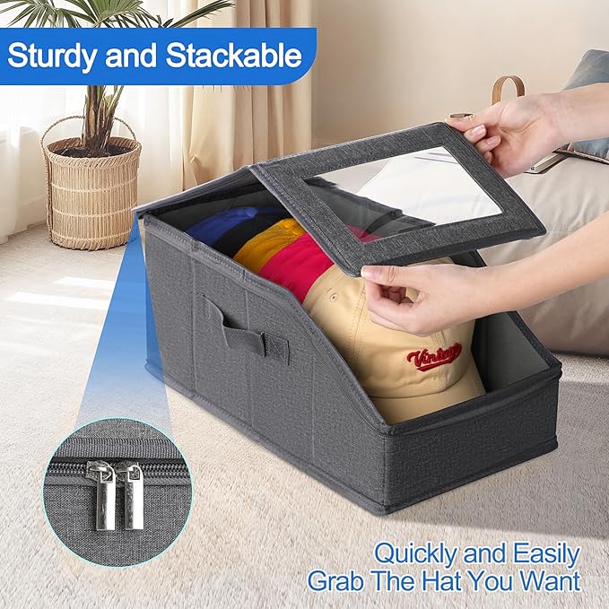 Dofilachy 2 Pack Stackable Hat Storage for Baseball Caps, Holds 28 Caps - Closet Organizer Box with Clear Window & Cardboard，Sturdy Snapback Hat Boxes for Home Storage (Linen Grey, 2 Pcs)
