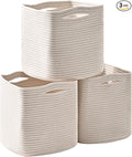 13 Inch Cube Closet Storage Bins, Woven Cotton Rope Organizer Baskets for Organizing & Shelves, Books, Towels, Clothes, Toys, 13x13x13 in, Off White (Pack of 3)