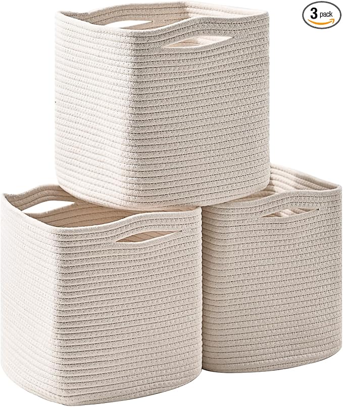 13 Inch Cube Closet Storage Bins, Woven Cotton Rope Organizer Baskets for Organizing & Shelves, Books, Towels, Clothes, Toys, 13x13x13 in, Off White (Pack of 3)