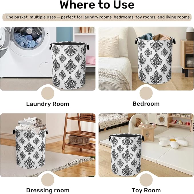Black White Damask Flower Foldable Laundry Hamper - Waterproof Fabric Storage Basket with Handles, Clothes Hampers for Laundry,Bedroom,Dorm