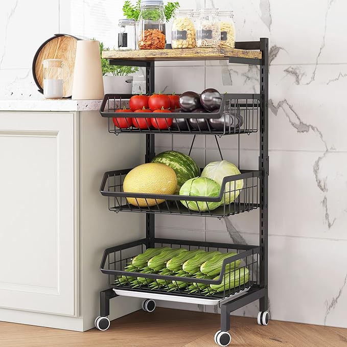 COVAODQ Fruit Basket 4 Tier Adjustable Fruit Vegetable Basket Cart Metal Wire Storage Cart Rolling Pantry Utility Kitchen Cart