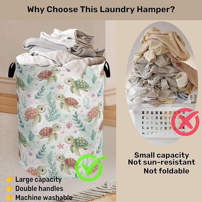 Cartoon Turtle Large Clothes Hamper Bag - Laundry Basket with Handles, Space Saving Foldable Design for Nursery