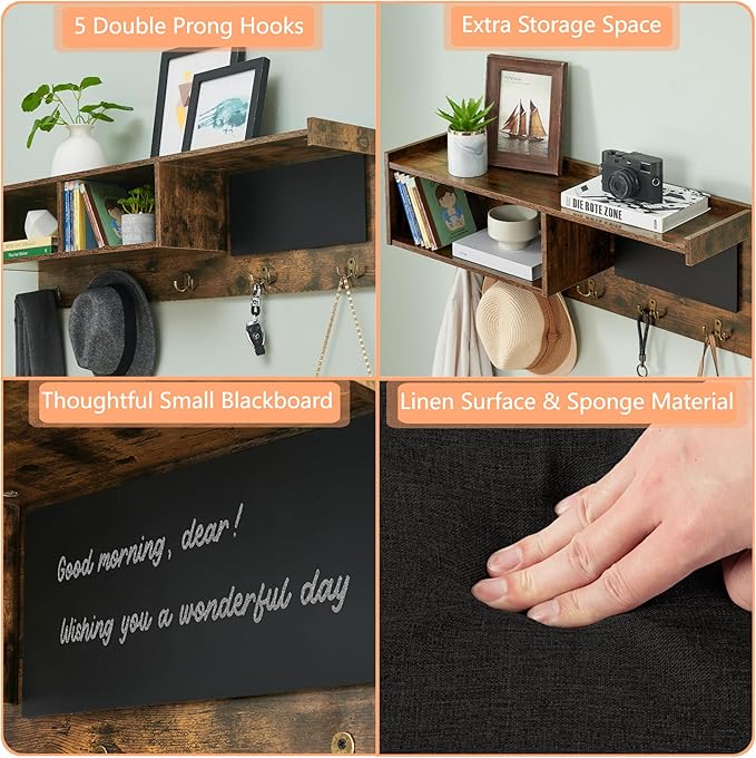 Entryway Shoe Bench with Coat Rack, Cushioned Storage Seat with Cubbies, Shoe Rack Bench for Front Door Entrance, Hall Tree with Hooks, Blackboard & Extra Storage for Entryway, Hallway & Living Room
