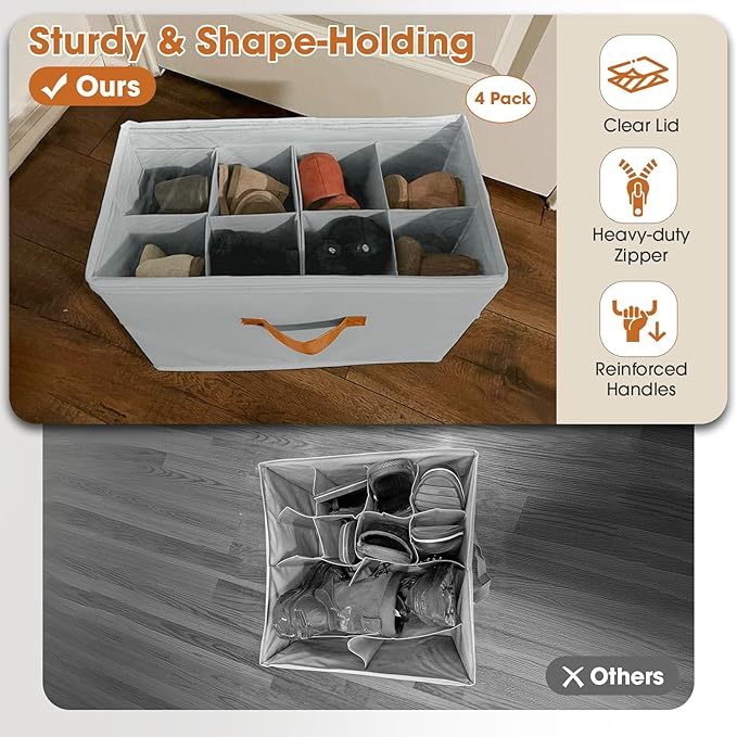 4 Pack Shoe Organizer for Closet,Foldable Shoe Storage Organizer with Adjustable Dividers, Shoe Storage Box with Clear Cover, Fits up to 16 Pairs, Gray