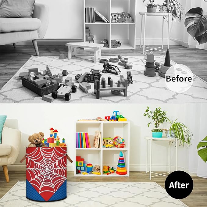 Large Laundry Hamper Basket Red Spider Web Round Collapsible Storage Organizer Bin for Kids Room, Boys, Nursery, Closet, Bedroom, Playroom, Toys, Dirty Clothes, 16"W x 20"H