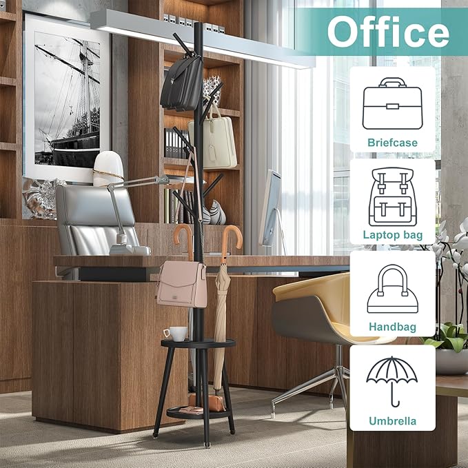 Coat Rack, Bamboo Wood Coat Freestanding with Umbrella Holder, Adjustable Height Coat Stand with 8 Hooks, kids coat rack, Used In The Bedroom Living Room, Office To Hang Clothes, Hats, Bags (Black)
